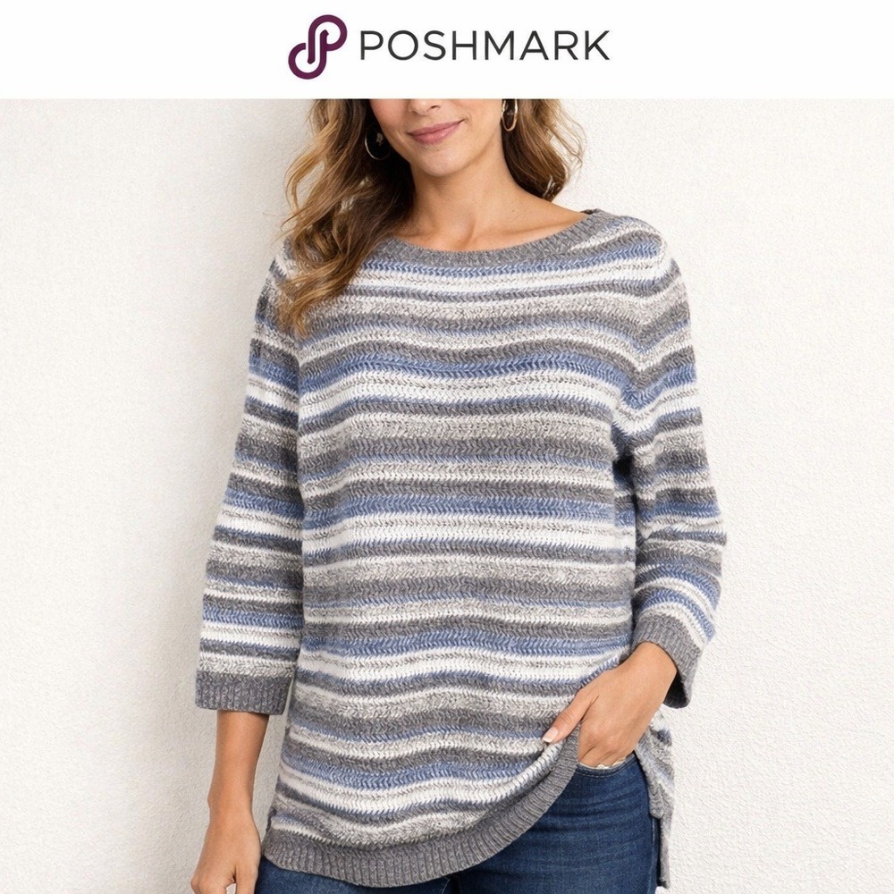 Talbots Cotton Coastal Womens Striped 3/4 Sleeve Sweater Blue Grey‎ White Small